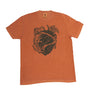 photo of a orange shirt with the illustration of a frog and a hop cone